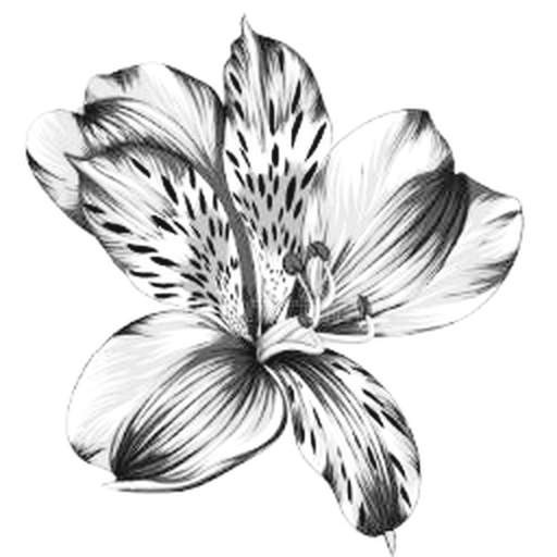 The Macrotra mark, a fine line engraving of an alstroemeria lily in black and white.